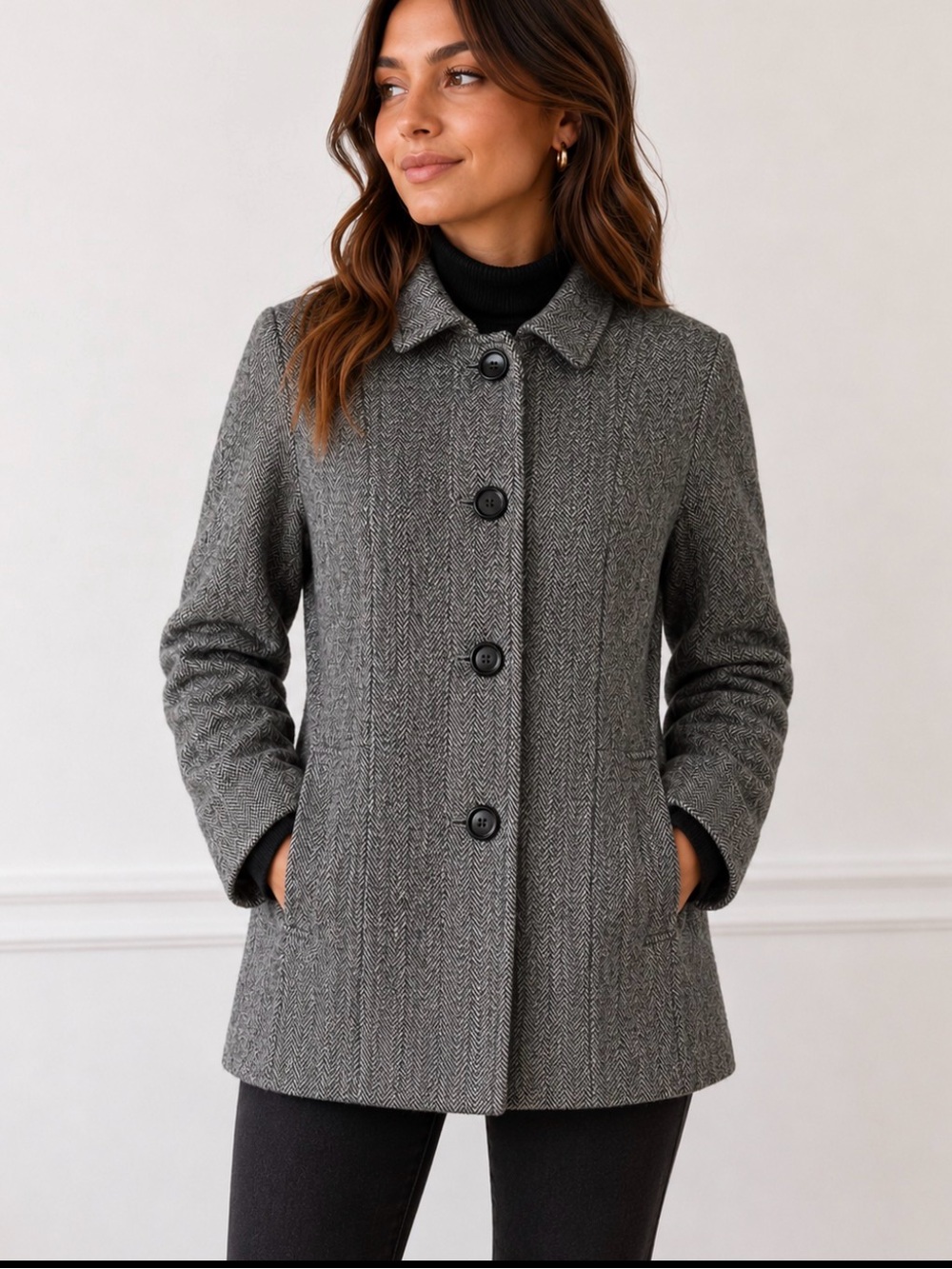 Herman Kay Classic Women's Gray/black Herringbone Coat wool blend lined SZ SM